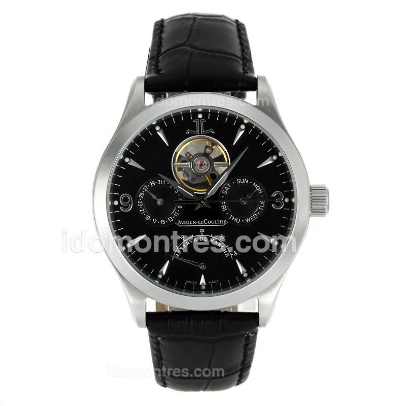 Jaeger-Lecoultre Master Control Tourbillon Working Power Reserve Automatic with Black Dial-Leather Strap