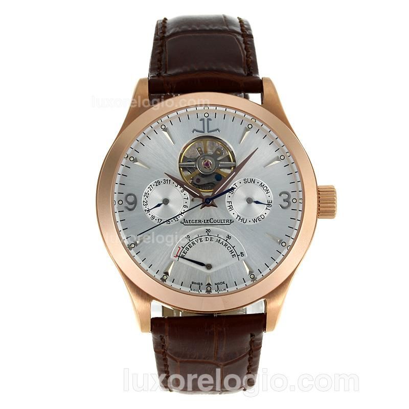 Jaeger-Lecoultre Master Control Tourbillon Working Power Reserve Automatic Rose Gold Case with Silver Dial-Leather Strap