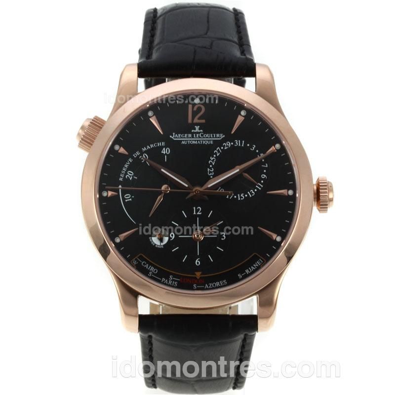 Jaeger-Lecoultre Master Control Working Power Reserve Automatic Rose Gold Case with Black Dial-18K Plated Gold Movement