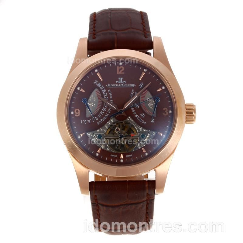 Jaeger-LeCoultre Master Tourbillon Working Power Reserve Automatic Rose Gold Case with Brown Dial-Leather Strap