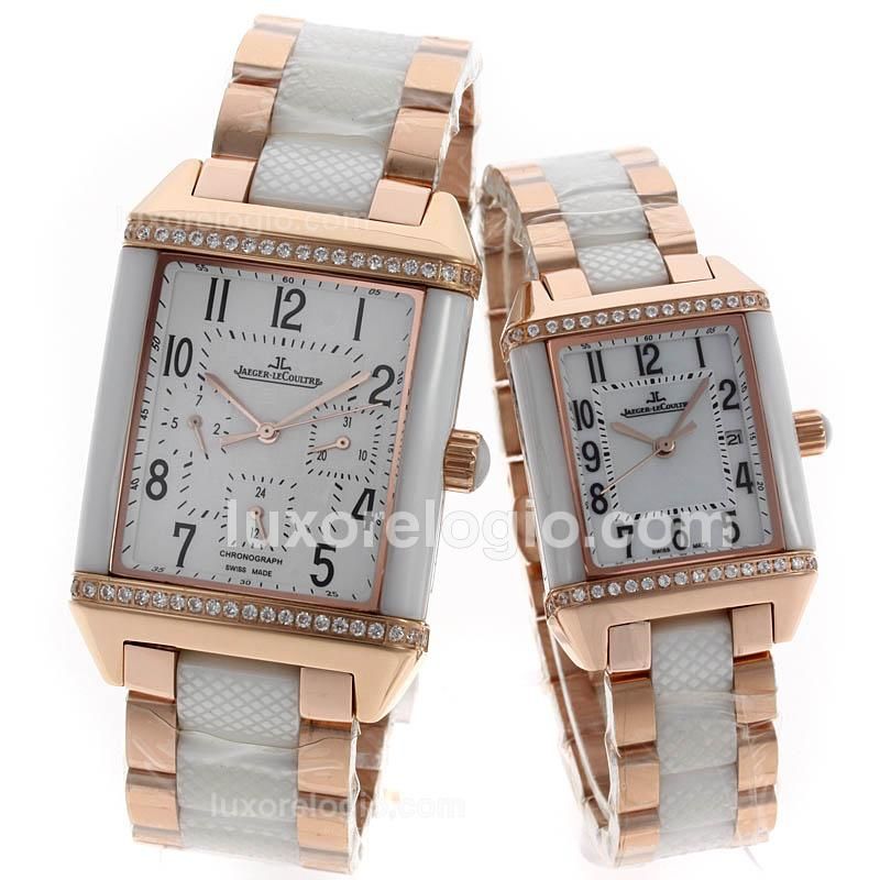 Jaeger-Lecoultre Reverso Chronograph Rose Gold Case Diamond Bezel with White Dial-Sapphire Glass