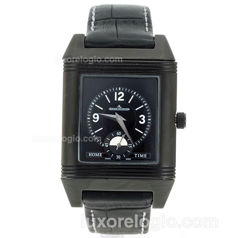 Jaeger-Lecoultre Reverso Manual Winding PVD Case with Black Dial-Leather Strap