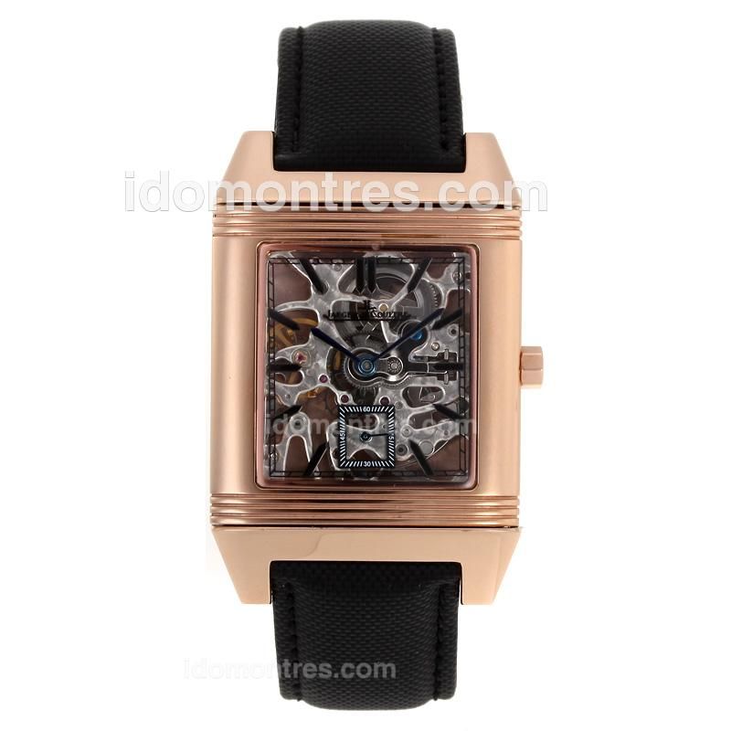 Jaeger-Lecoultre Reverso Manual Winding Rose Gold Case Stick Markers with Skeleton Dial-S/S
