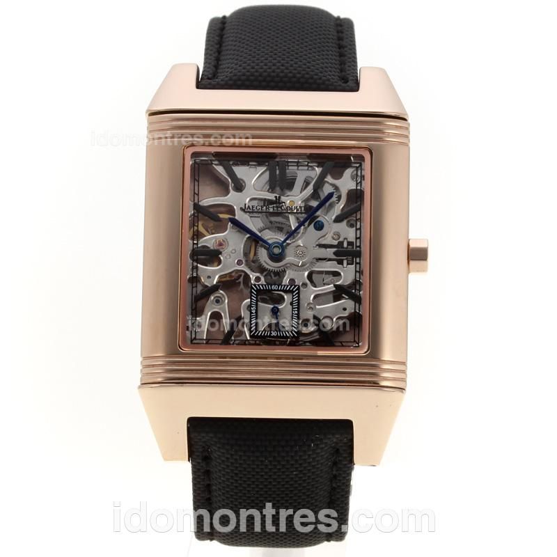 Jaeger-Lecoultre Reverso Manual Winding Rose Gold Case with Skeleton Dial-Leather Strap