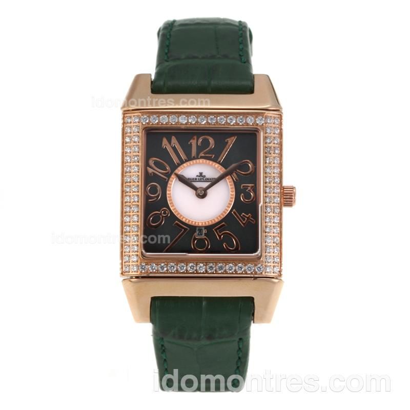 Jaeger-Lecoultre Reverso Rose GOld Case Diamond Bezel with Black Dial-Green Leather Strap