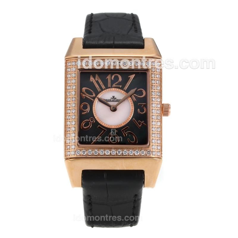 Jaeger-Lecoultre Reverso Rose Gold Case Diamond Bezel with Black Dial-Black Leather Strap