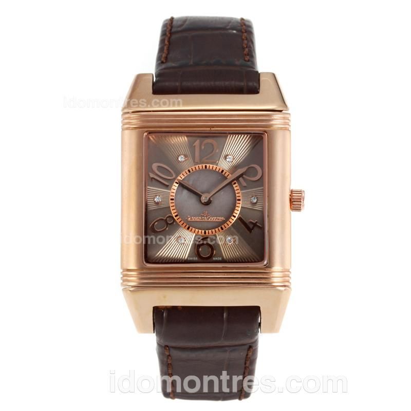 Jaeger-Lecoultre Reverso Rose Gold Case Diamond Bezel with Coffee Dial-Coffee Leather Strap