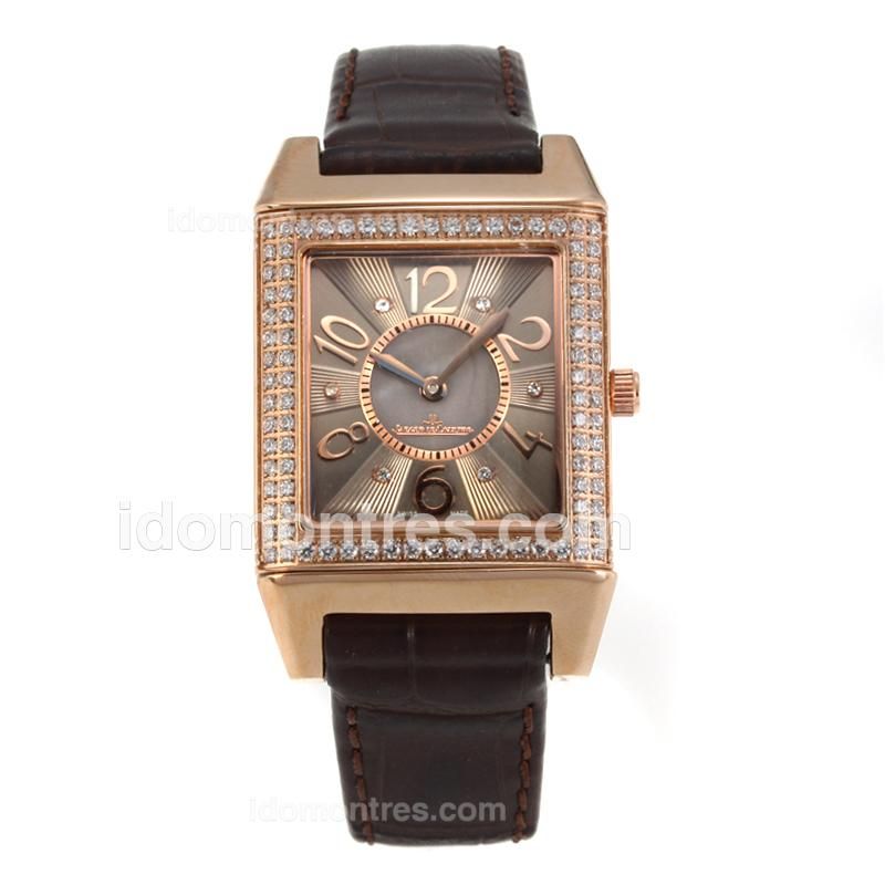 Jaeger-Lecoultre Reverso Rose Gold Case Diamond Bezel with Coffee Dial-Coffee Leather Strap