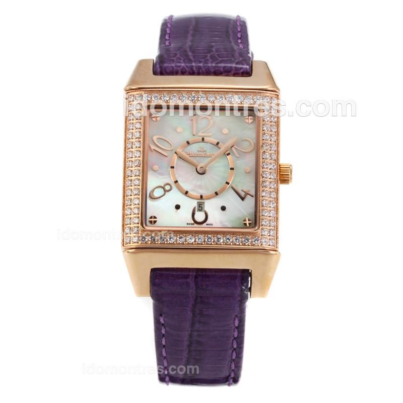 Jaeger-Lecoultre Reverso Rose GOld Case Diamond Bezel with White Dial-Purple Leather Strap