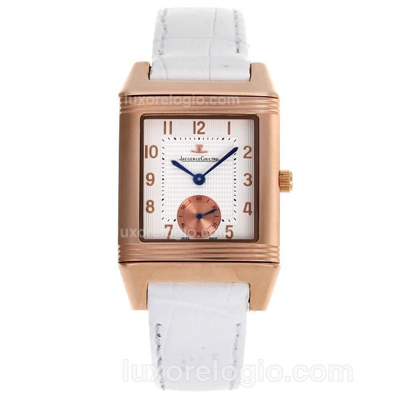 Jaeger-Lecoultre Reverso Rose Gold Case White Dial with White Leather Strap