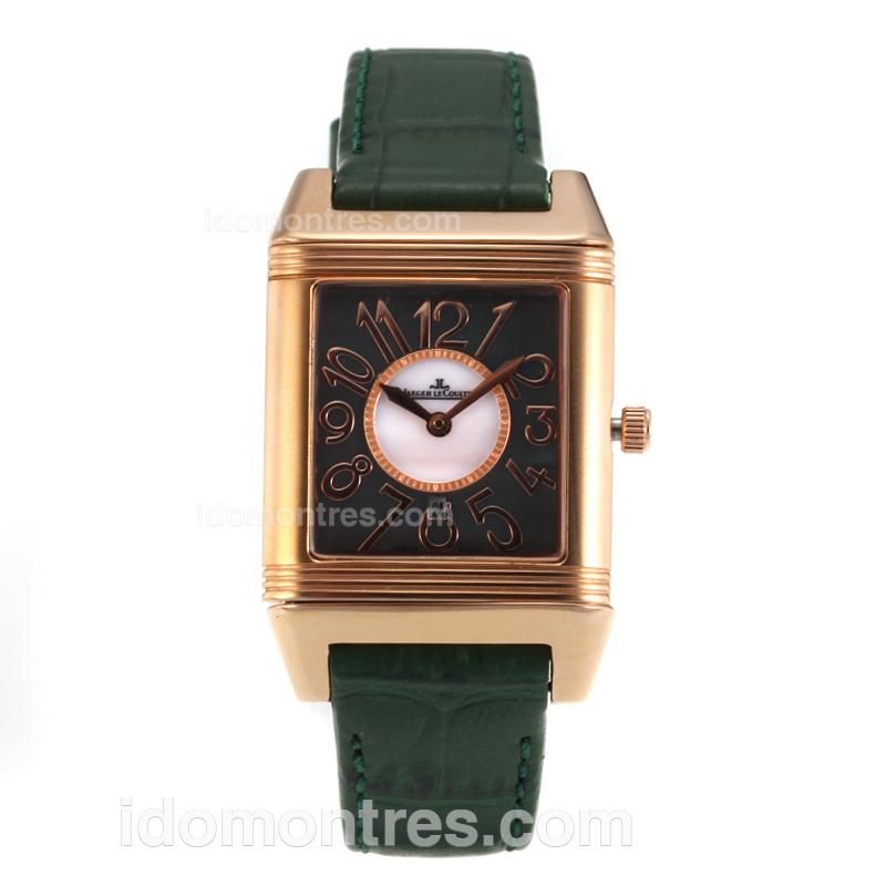 Jaeger-Lecoultre Reverso Rose Gold Case with Black Dial-Green Leather Strap