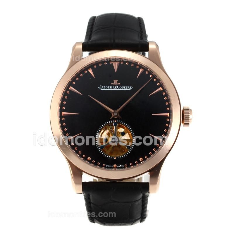 Jaeger-Lecoultre Tourbillion Rose Gold Case with Black Dial-18K Gold Plated Movement