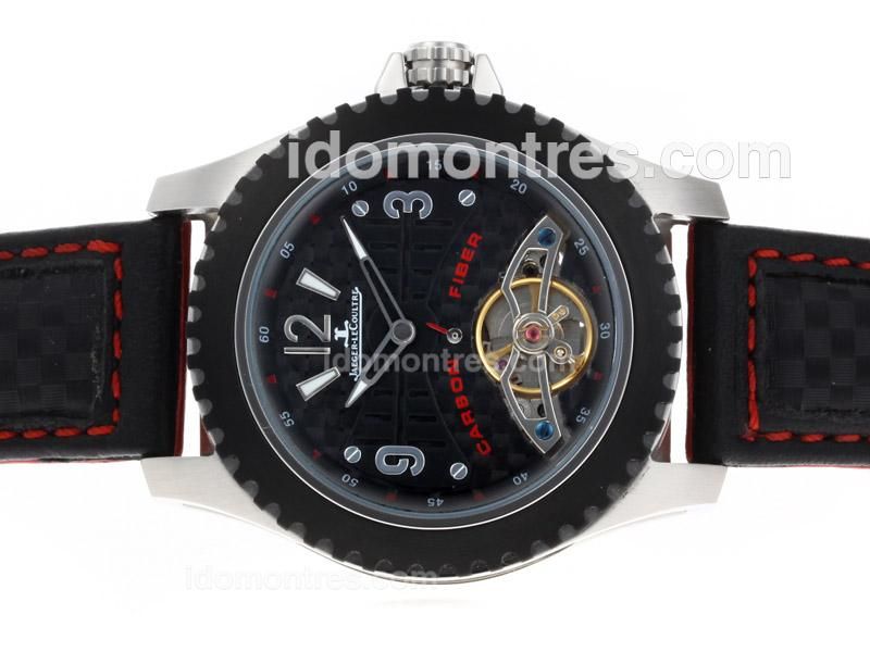 Jaeger-Lecoultre Tourbillon Automatic Carbon Fibre Style Dial with Black Inner Bezel-Leather Strap