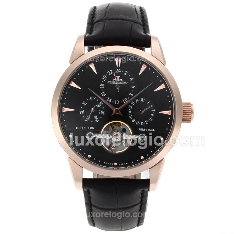Jaeger-Lecoultre Tourbillon Automatic Rose Gold Case with Black Dial-Leather Strap