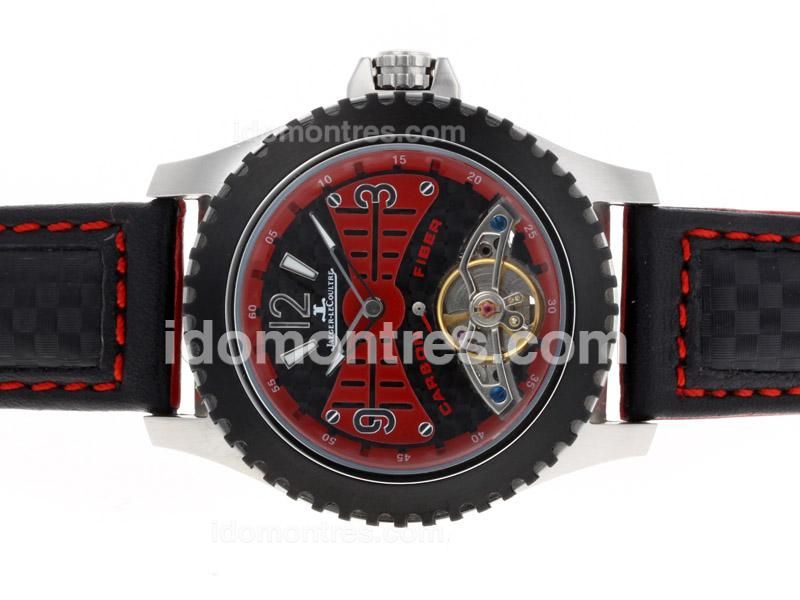 Jaeger-Lecoultre Tourbillon Automatic Carbon Fibre Style Dial with Red Inner Bezel-Leather Strap
