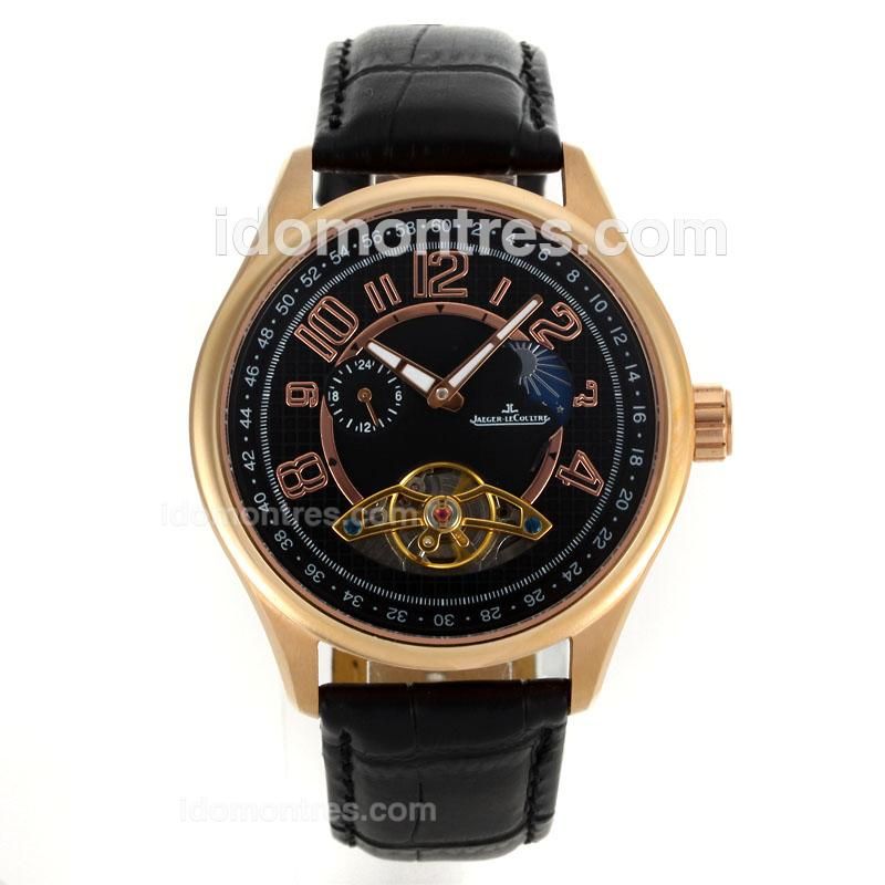 Jaeger-Lecoultre Tourbillon Moonphase Automatic Rose Gold Case with Black Dial-Leather Strap