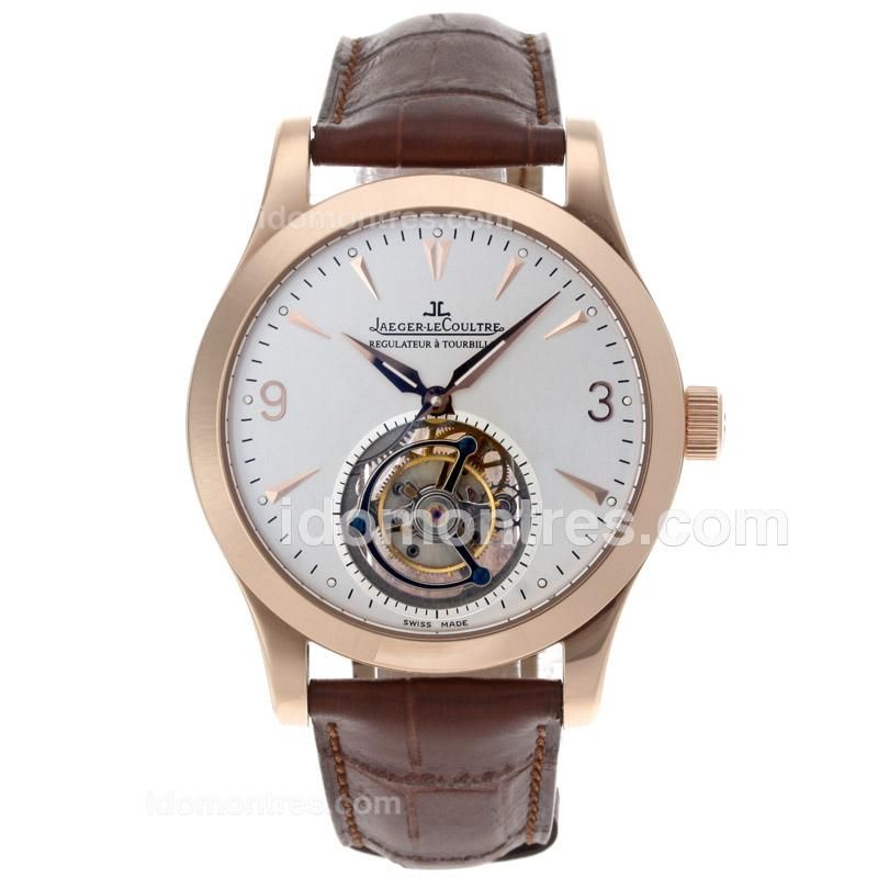 Jaeger-Lecoultre Working Tourbillon Manual Winding Rose Gold Case with White Dial-Leather Strap