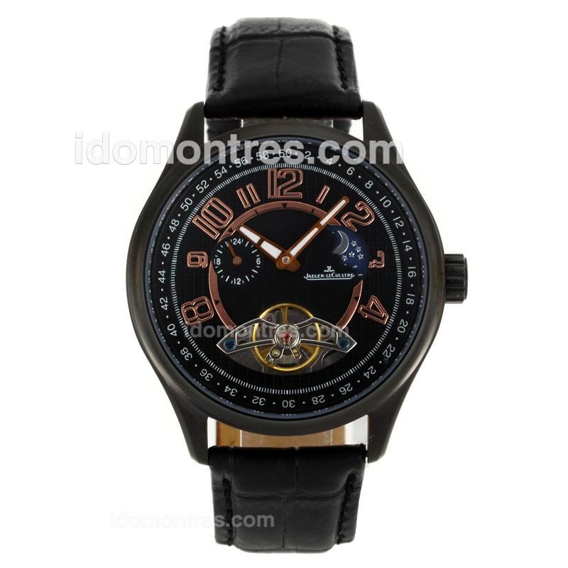 Jaeger-Lecoultre Tourbillon Moonphase Automatic PVD Case with Black Dial-Leather Strap