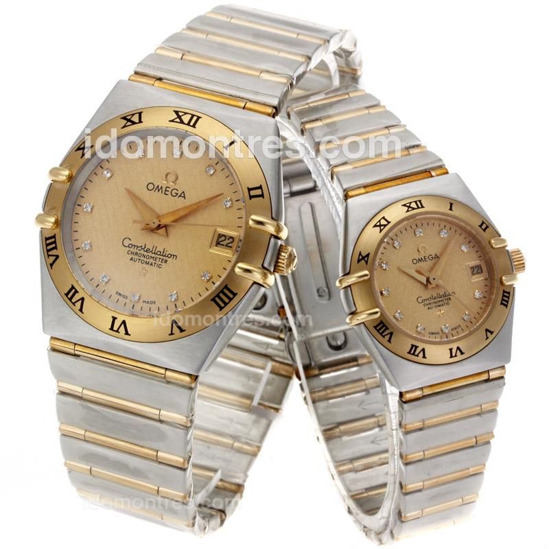 Omega Constellation Swiss ETA 2824 Movement Diamond Markers Two Tone with Golden Dial-14K Wrapped Gold