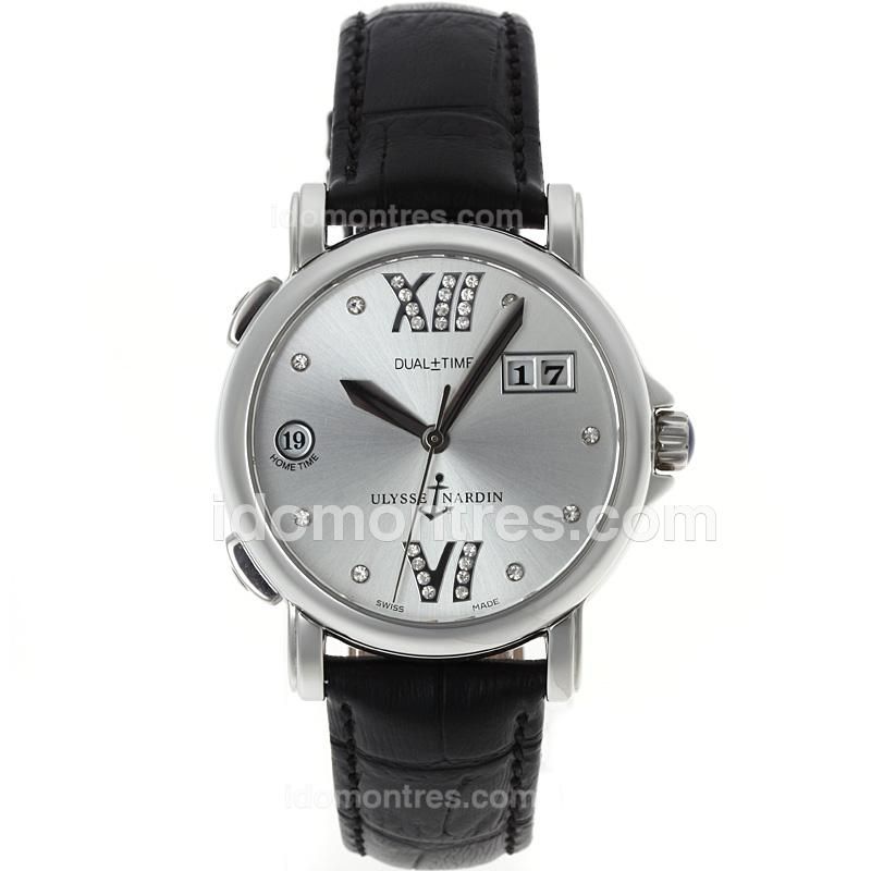 Ulysse Nardin Dual Time Automatic Diamond Markers with Silver Dial-Leather Strap
