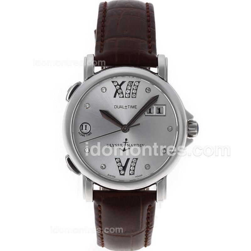 Ulysse Nardin Dual Time Automatic Diamond Markers with Silver Dial-Leather Strap