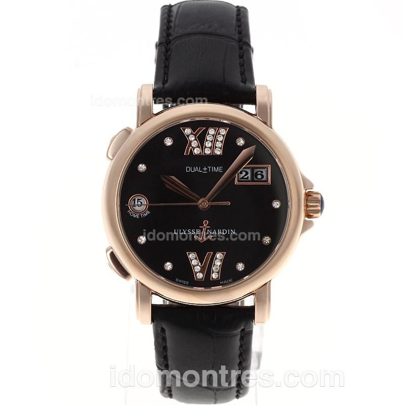 Ulysse Nardin Dual Time Automatic Rose Gold Case Diamond Markers with Black Dial-Leather Strap
