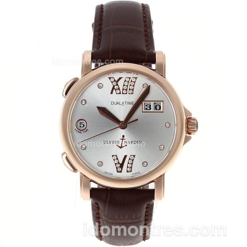 Ulysse Nardin Dual Time Automatic Rose Gold Case Diamond Markers with Silver Dial-Leather Strap