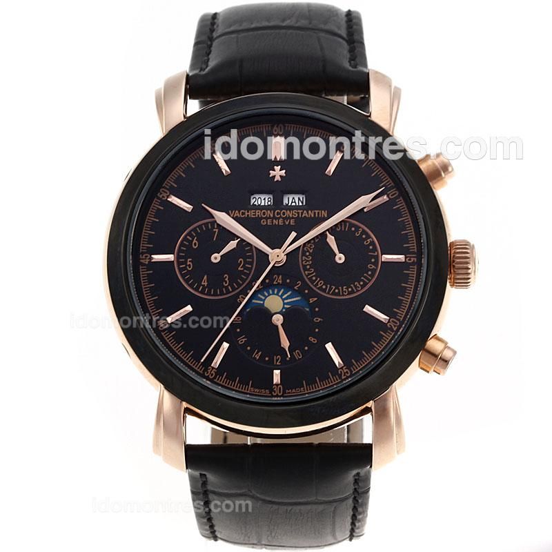 Vacheron Constantin Perpetual Calendar Automatic Rose Gold Case with Black Dial-Leather Strap