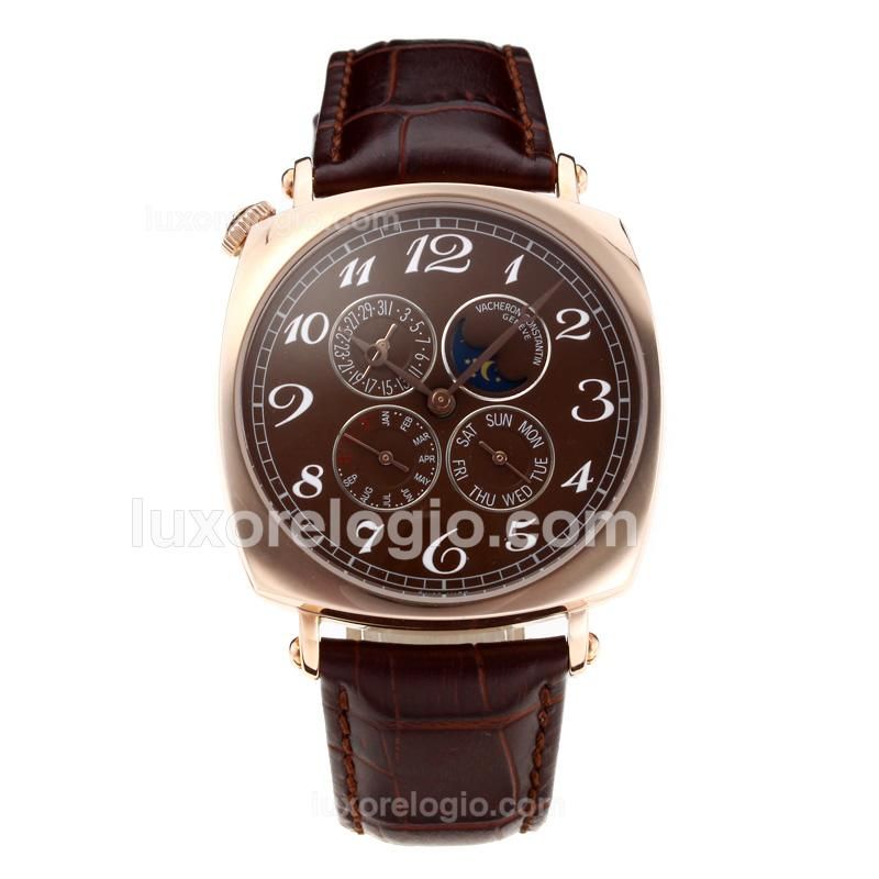 Vacheron Constantin Perpetual Calendar Automatic Rose Gold Case with Brown Dial-Leather Strap