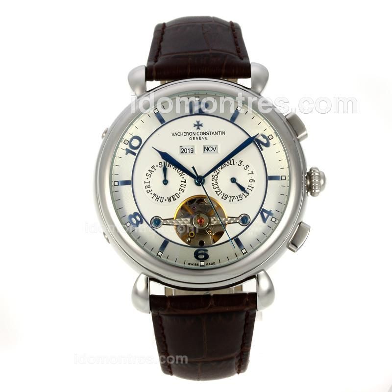 Vacheron Constantin Perpetual Calender Tourbillon Automatic with White Dial-Brown Leather Strap