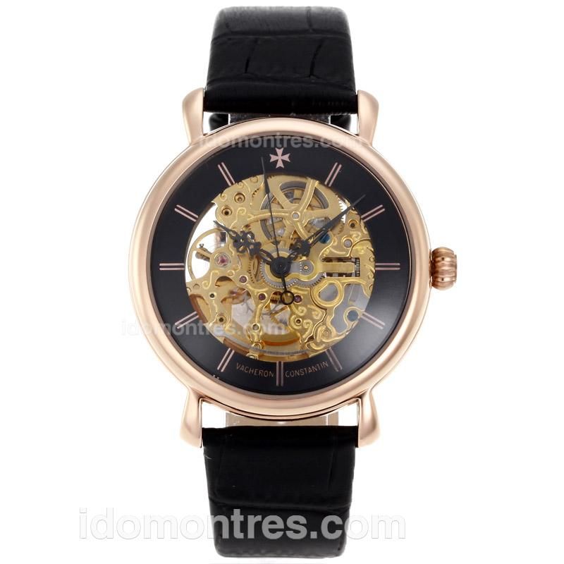 Vacheron Constantin Skeleton Automatic Rose Gold Case with Black Dial-18K Plated Gold Movement
