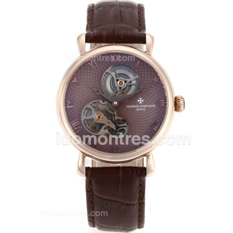 Vacheron Constantin Tourbillon Automatic Rose Gold Case with Brown Dial-Leather Strap