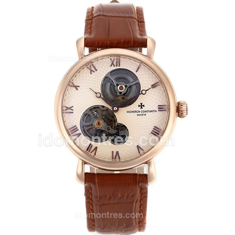 Vacheron Constantin Tourbillon Automatic Rose Gold Case with Champagne Dial-Leather Strap