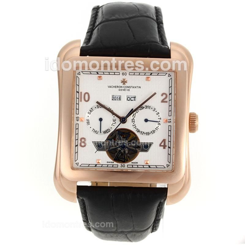Vacheron Constantin Tourbillon Automatic Rose Gold Case with White Dial-Leather Strap