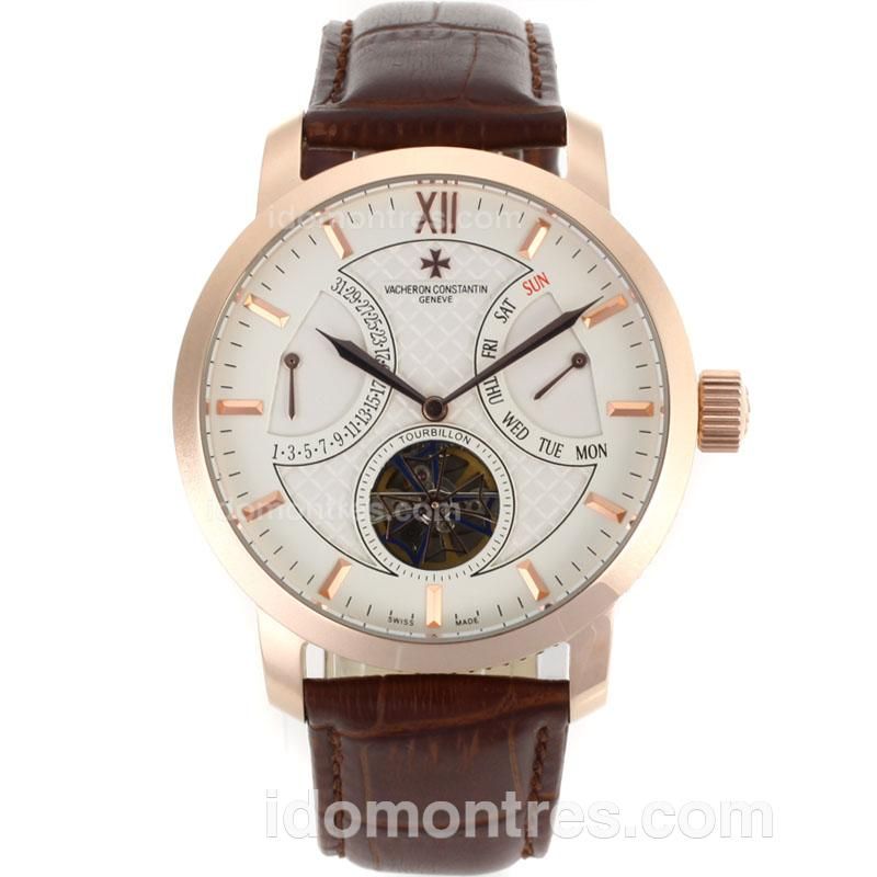 Vacheron Constantin Tourbillon Automatic Rose Gold Case with White Dial-Leather Strap
