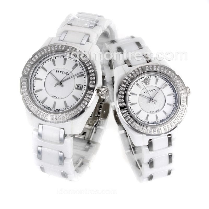 Versace Full White Ceramic Diamond Bezel with White Dial-Sapphire Glass