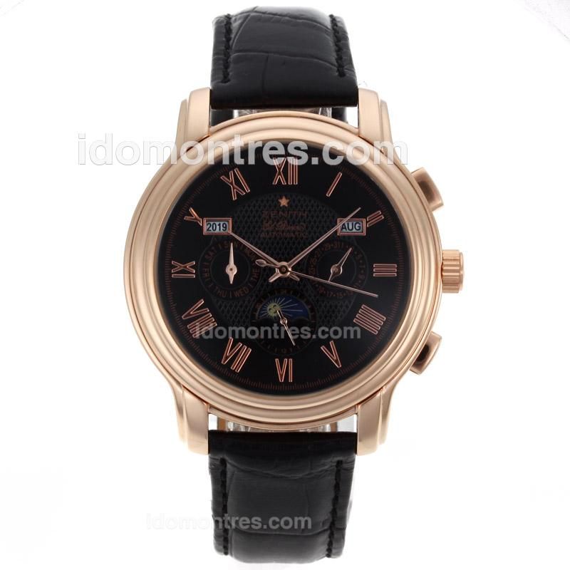 Zenith El Primero Chronomaster Moonphase Automatic Rose Gold Case with Black Dial-Leather Strap