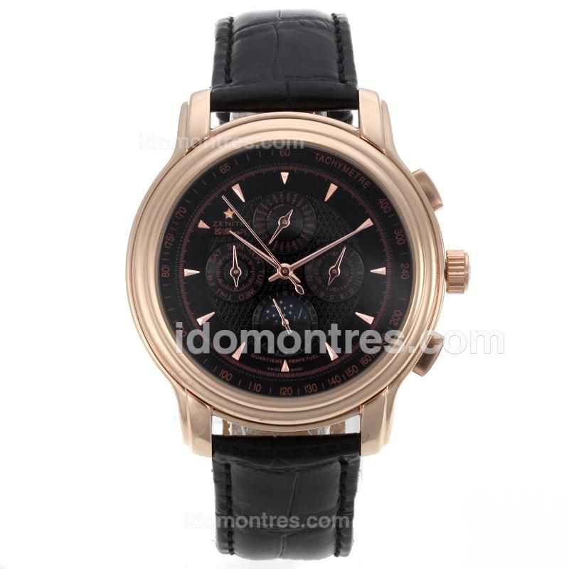Zenith El Primero Chronomaster Moonphase Automatic Rose Gold Case with Black Dial-Leather Strap