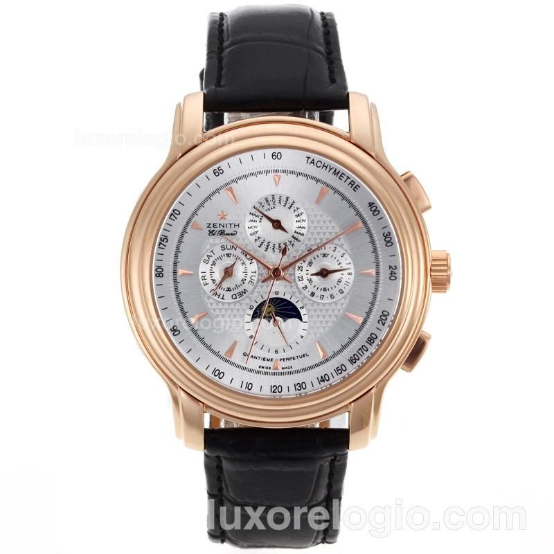 Zenith El Primero Chronomaster Moonphase Automatic Rose Gold Case with Silver Dial-Leather Strap