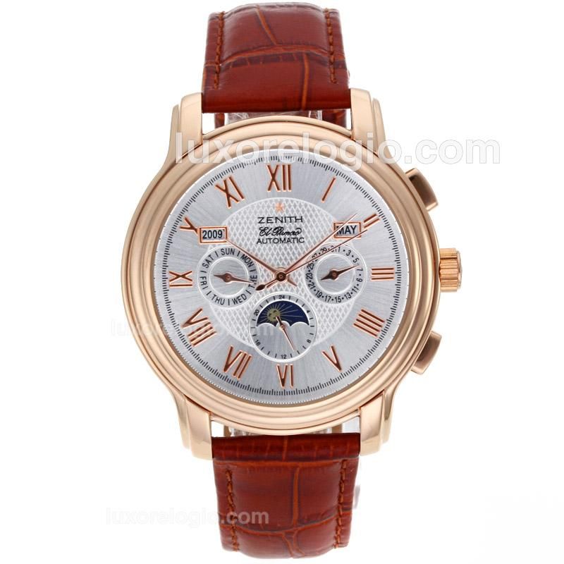 Zenith El Primero Chronomaster Moonphase Automatic Rose Gold Case with Silver Dial-Leather Strap