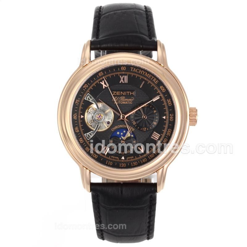 Zenith El Primero Chronomaster Tourbillon Automatic Rose Gold Case with Black Dial-Leather Strap