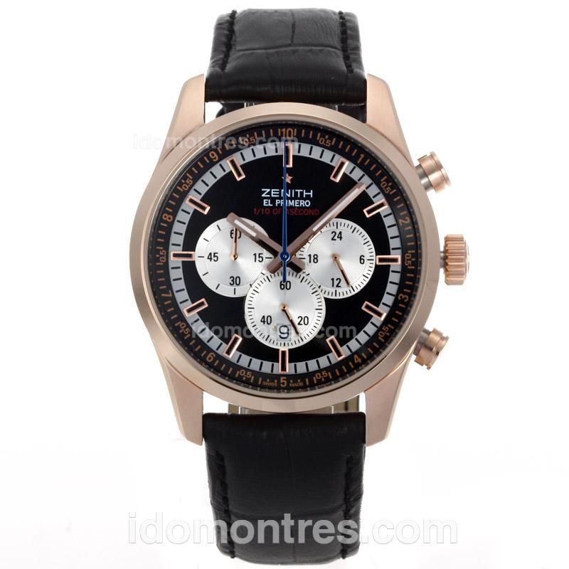 Zenith El Primero Fondroyante 1/10th of A Second Working Chronograph Rose Gold Case with Black Dial-Leather Strap