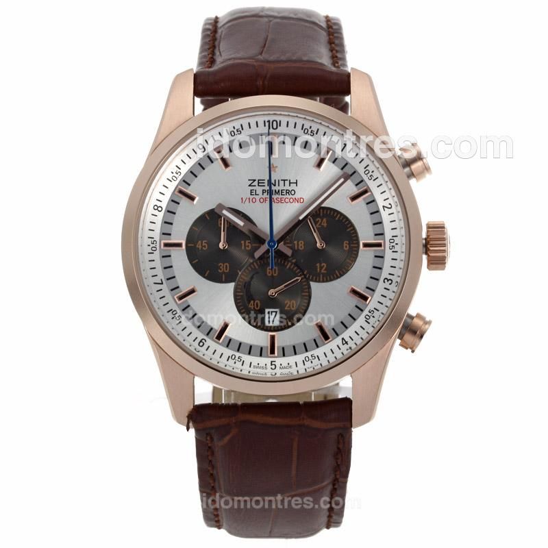 Zenith El Primero Fondroyante 1/10th of A Second Working Chronograph Rose Gold Case with Silver Dial-Leather Strap