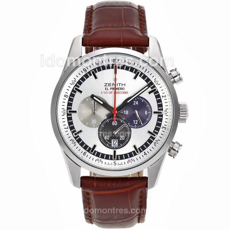 Zenith El Primero Fondroyante 1/10th of A Second Working Chronograph with Silver Dial-Leather Strap