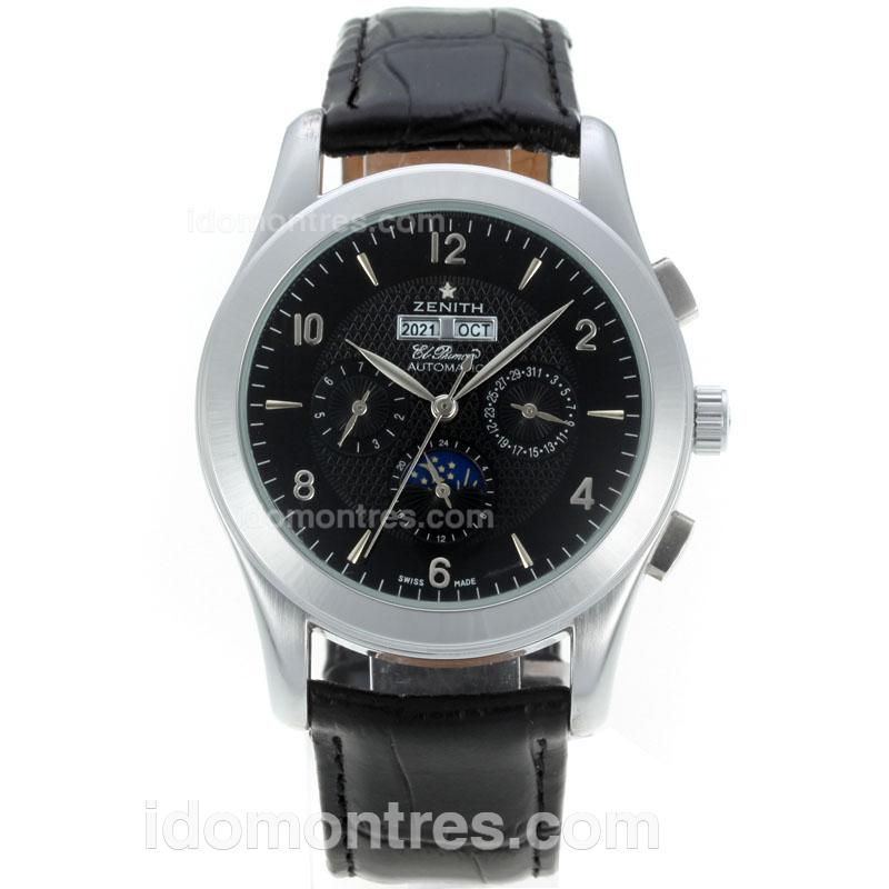 Zenith El Primero Perpetual Calendar Automatic Number/Stick Markers with Black Dial-Leather Strap