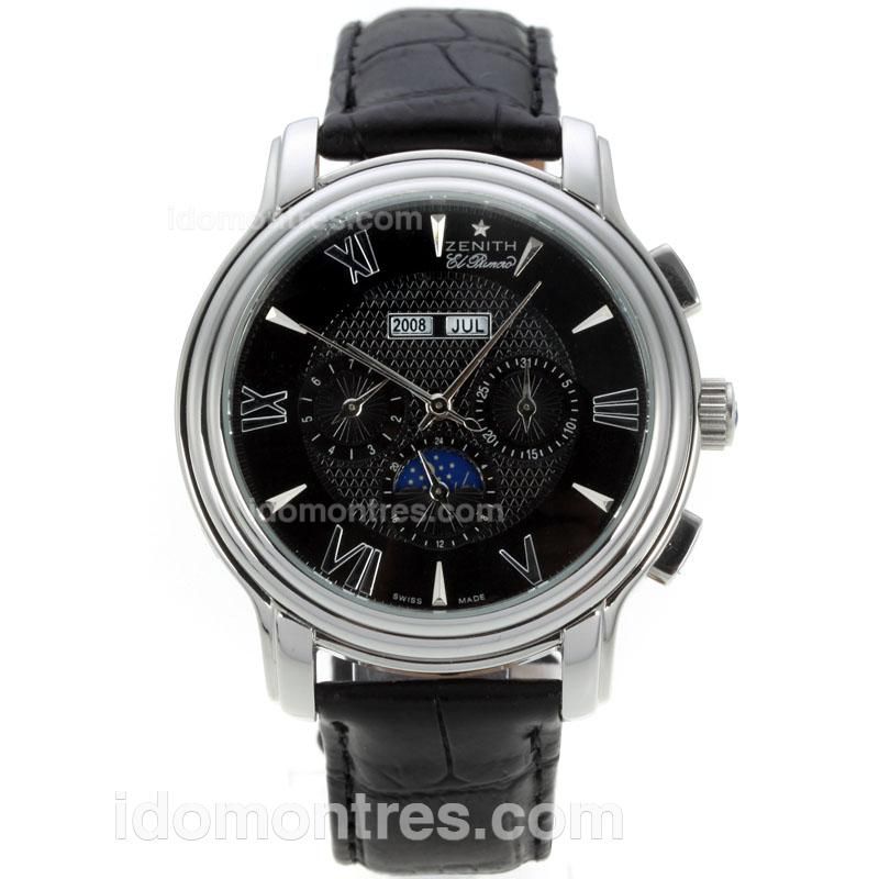 Zenith El Primero Perpetual Calendar Automatic Roman/Stick Markers with Black Dial-Leather Strap