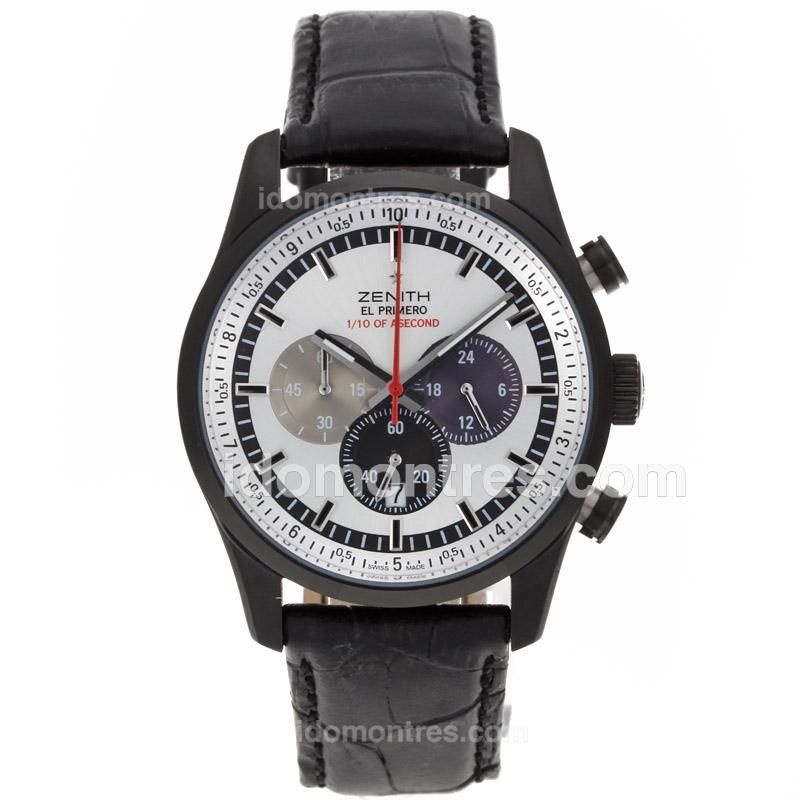 Zenith El Primero Fondroyante 1/10th of A Second Working Chronograph PVD Case with Silver Dial-Leather Strap