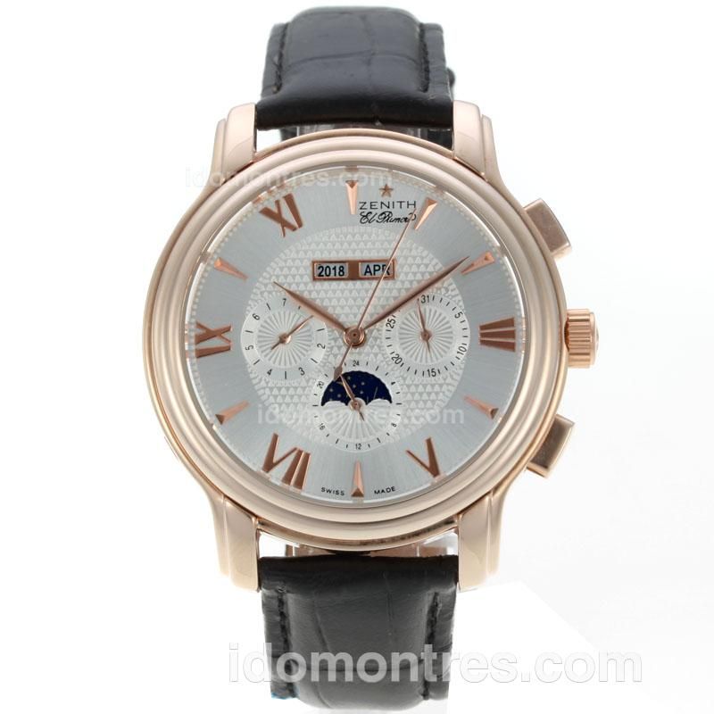 Zenith El Primero Perpetual Calendar Automatic Rose Gold Case with Silver Dial-Leather Strap