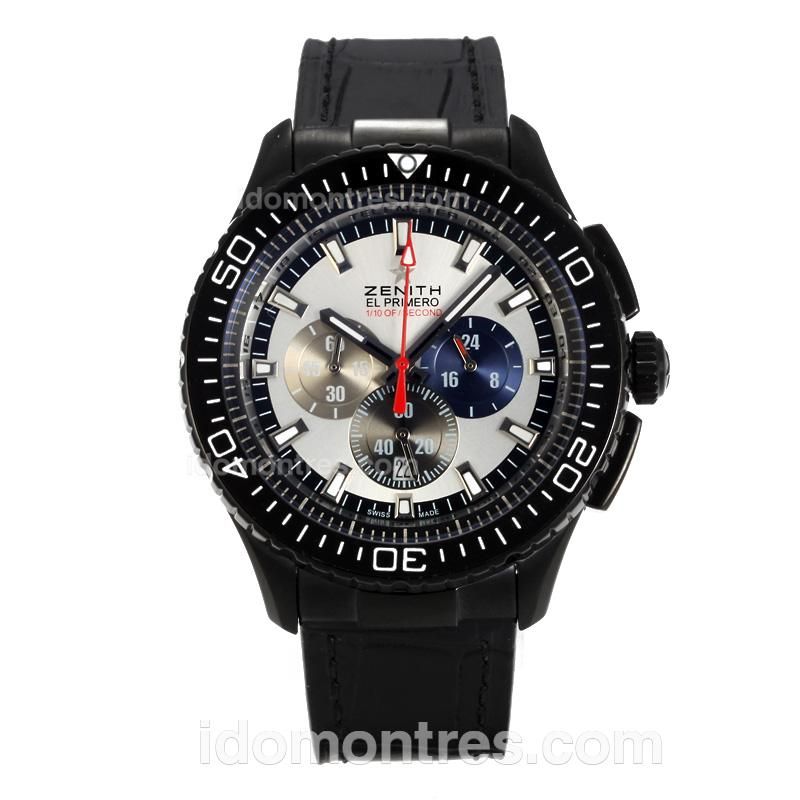 Zenith El Primero Working Chronograph PVD Case with White Dial-Leather Strap