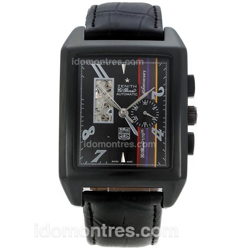 Zenith Grande Port Royal Open El Primero Automatic PVD Case with Black Dial-Leather Strap